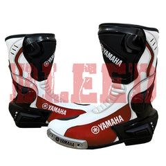 Front view of Yamaha racing red and white motorcycle boots with protective panels and sturdy leather construction.