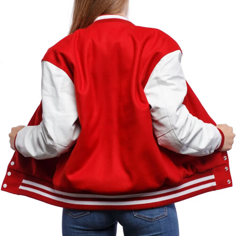 Women Red White Varsity Jacket Back