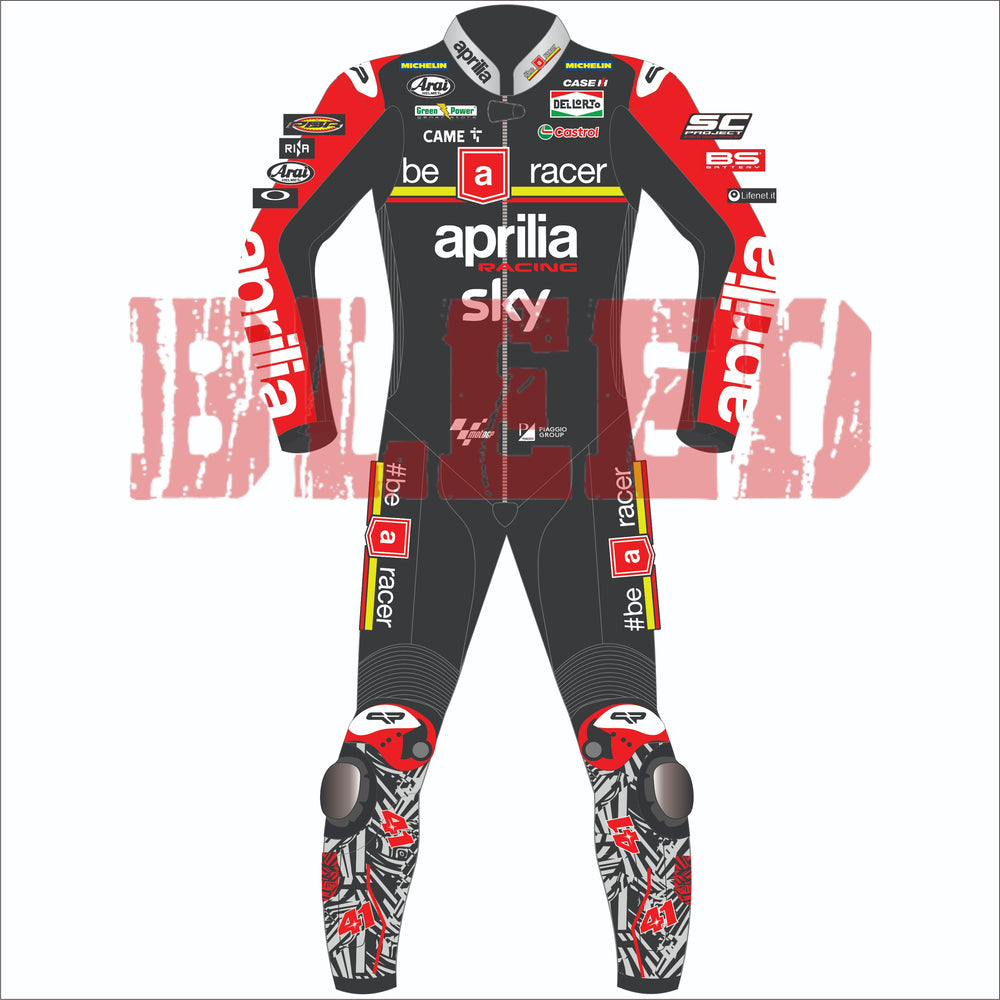 Front view of the 2024 Aleix Espargaro Aprilia Racing suit for the British GP, featuring a sleek black and red design with detailed sponsor logos, including Aprilia, Sky, Michelin, and Ruby. The suit is customized for Aleix Espargaro, with graphic elements on the legs and arms reflecting his racing identity.