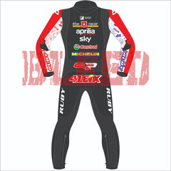 Back view of the 2024 Aleix Espargaro Aprilia Racing suit for the British GP, featuring sponsor logos, Ruby branding, and number 41