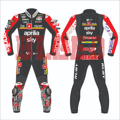 Front and back view of the 2024 Aleix Espargaro Aprilia Racing suit design for British GP featuring a black, red, and white color scheme with prominent sponsor logos like Aprilia, Sky, Michelin, and Ruby. The suit showcases detailed graphics on the legs and arms, personalized for Aleix Espargaro.