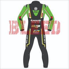 Back view of Alex Lowes' 2024 Kawasaki WSBK racing suit. The suit displays a green, black, and yellow design with Kawasaki Racing Team branding and sponsor logos, including Ruby Racing. Features include aerodynamic enhancements and a detailed design for professional racing performance.