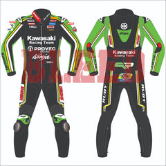 Front and back view of Alex Lowes' 2024 Kawasaki WSBK racing suit. The suit showcases a green, black, and yellow design with Kawasaki Racing Team branding, along with sponsor logos such as Motul, Showa, and Ruby Racing. Features include protective knee sliders and aerodynamic enhancements for high-performance racing