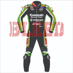 Front view of Alex Lowes' 2024 Kawasaki WSBK racing suit. The suit features a green, black, and yellow design with Kawasaki Racing Team branding and sponsor logos, including Motul, Showa, and Ruby Racing. Equipped with knee sliders and designed for high-performance racing.