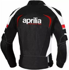 Back view of the Aprilia Racing Leather Motorcycle Jacket – A striking black and white leather jacket with red accents, highlighting the iconic Aprilia Racing logo prominently on the back.