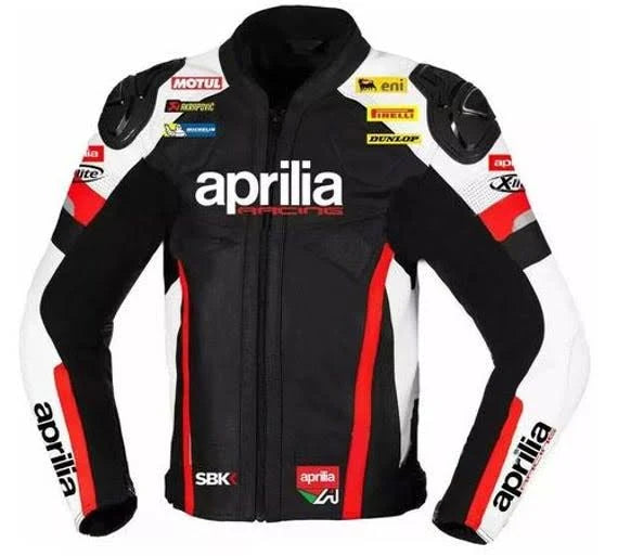 Front view of the Aprilia Racing Leather Motorcycle Jacket – A dynamic black and red leather jacket with white accents, showcasing the iconic Aprilia Racing logo on the chest and back, complemented by sponsor logos such as MOTUL, ENI, and Dunlop.