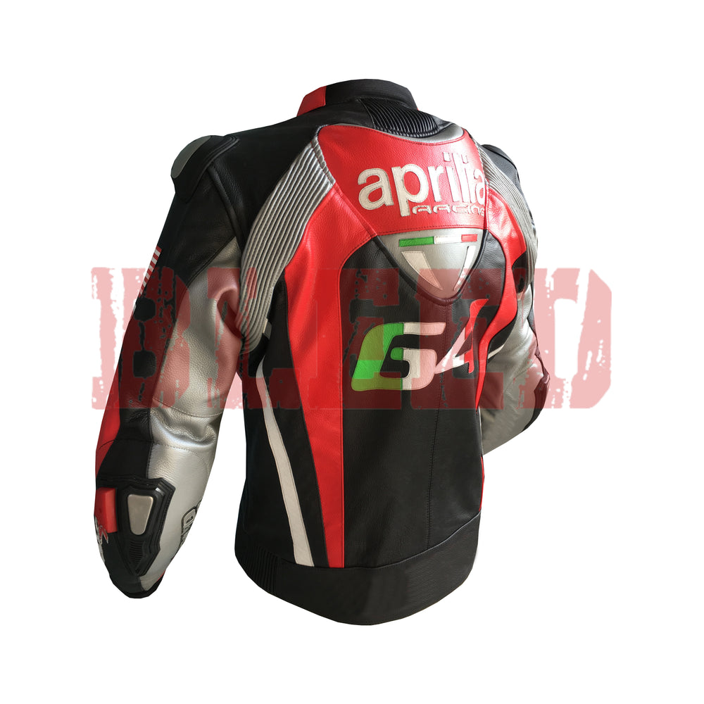 Back View of Aprilia Racing Motorcycle Leather Jacket – Red and Black Design Featuring Logo Patches, Advanced Rider Protection, and Stylish Finish
