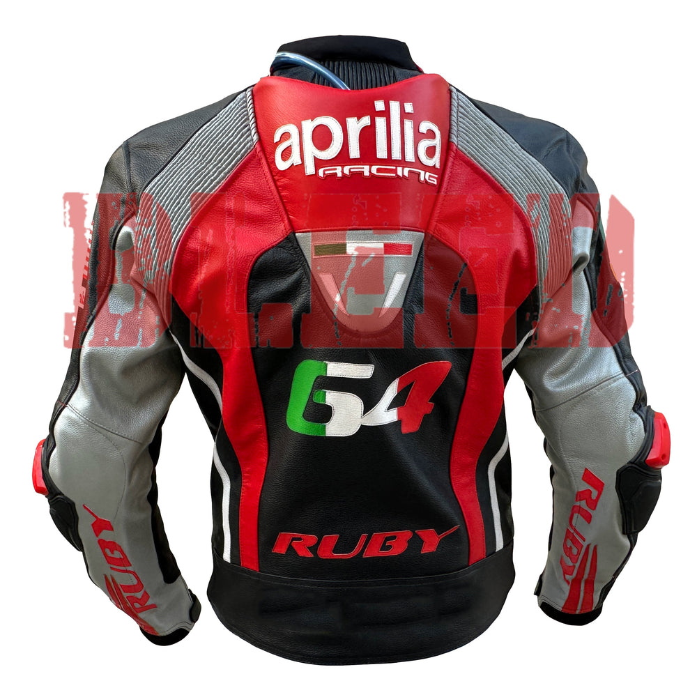 Back View of Aprilia Racing Motorcycle Leather Jacket – Red and Black Design Featuring Logo Patches, Advanced Rider Protection, and Stylish Finish