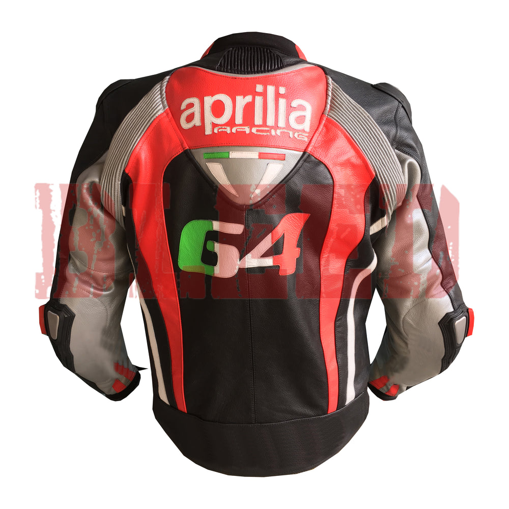 Back View of Aprilia Racing Motorcycle Leather Jacket – Red and Black Design Featuring Logo Patches, Advanced Rider Protection, and Stylish Finish