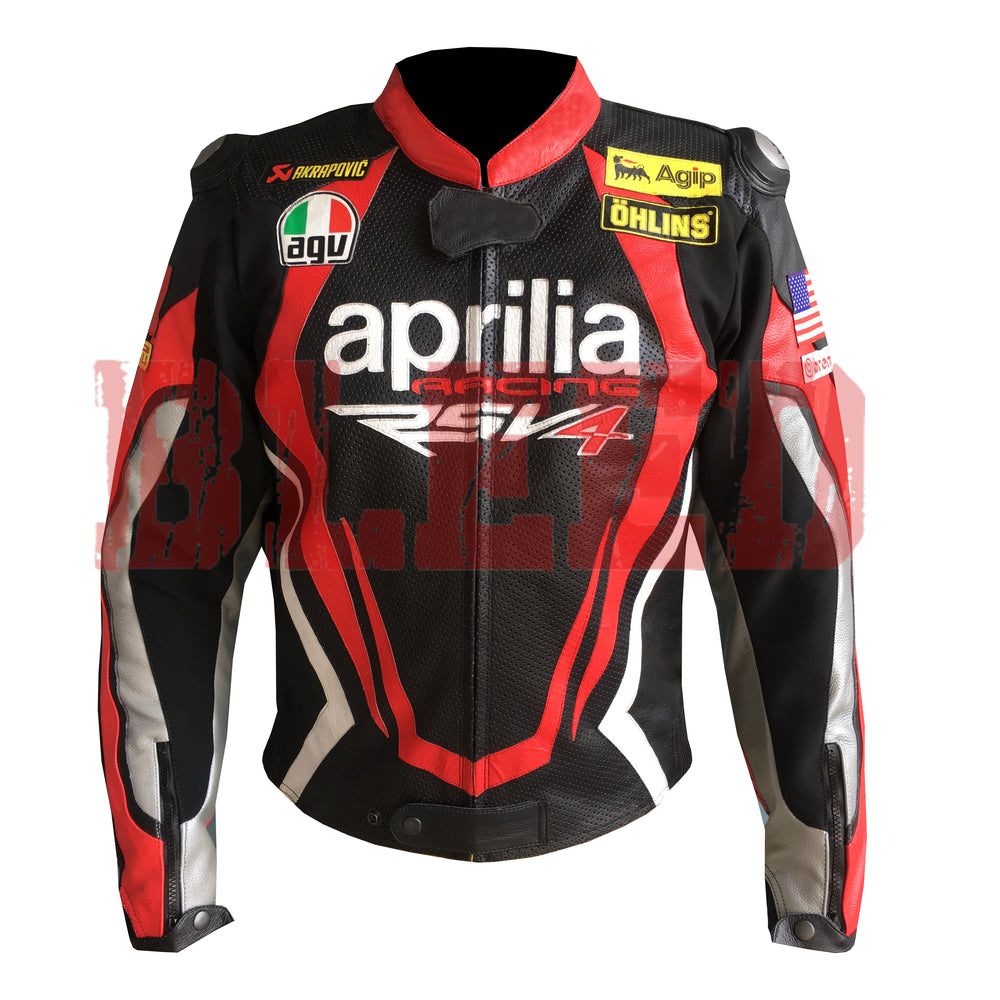 Front View of Aprilia Racing Motorcycle Leather Jacket – Red and Black Design Featuring Logo Patches, Advanced Rider Protection, and Stylish Finish
