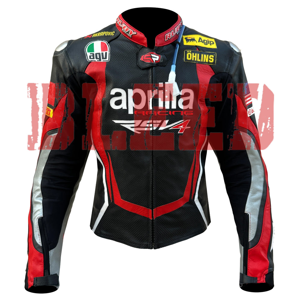 Front View of Aprilia Racing Motorcycle Leather Jacket – Red and Black Design Featuring Logo Patches, Advanced Rider Protection, and Stylish Finish