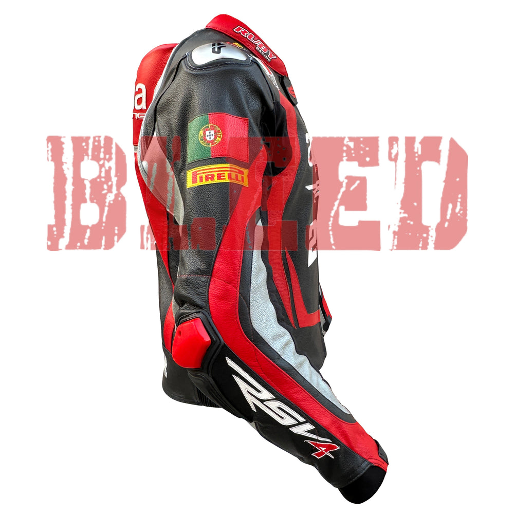 Side View of Aprilia Racing Motorcycle Leather Jacket – Red and Black Design Featuring Logo Patches, Advanced Rider Protection, and Stylish Finish