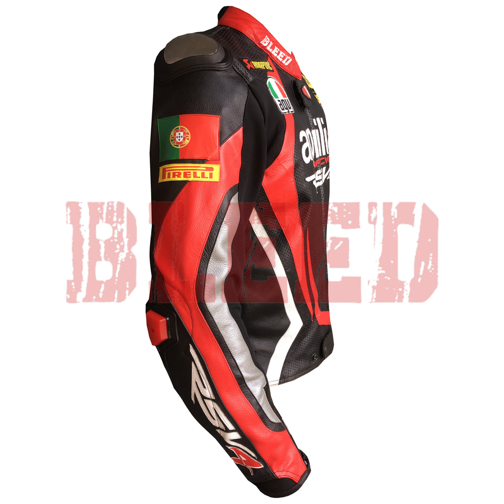 Side View of Aprilia Racing Motorcycle Leather Jacket – Red and Black Design Featuring Logo Patches, Advanced Rider Protection, and Stylish Finish