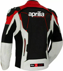 Back View of Aprilia Racing Protective Leather Motorcycle Jacket – A red, black, and white leather motorcycle jacket with protective armor, displaying the iconic Aprilia Racing logo and the bold "#be a racer" message on the back.