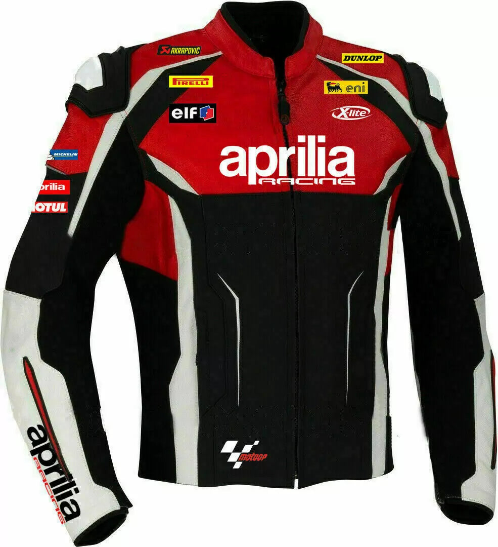 Front View of Aprilia Racing Protective Leather Motorcycle Jacket – A red and black leather motorcycle jacket with white detailing, designed with protective armor and showcasing branding from MotoGP sponsors, including the signature Aprilia Racing logo.