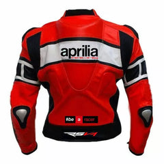 Back View of Aprilia Racing RS4 Motorcycle Leather Jacket. The back of a red and black Aprilia Racing RS4 motorcycle leather jacket, featuring a large "Aprilia Racing" logo near the top with a white stripe background. Below, there's the hashtag phrase "#be a racer" on the lower back along with the RS4 logo. The design includes black and white striping across the shoulders and padded elbow and back areas for both style and durability.