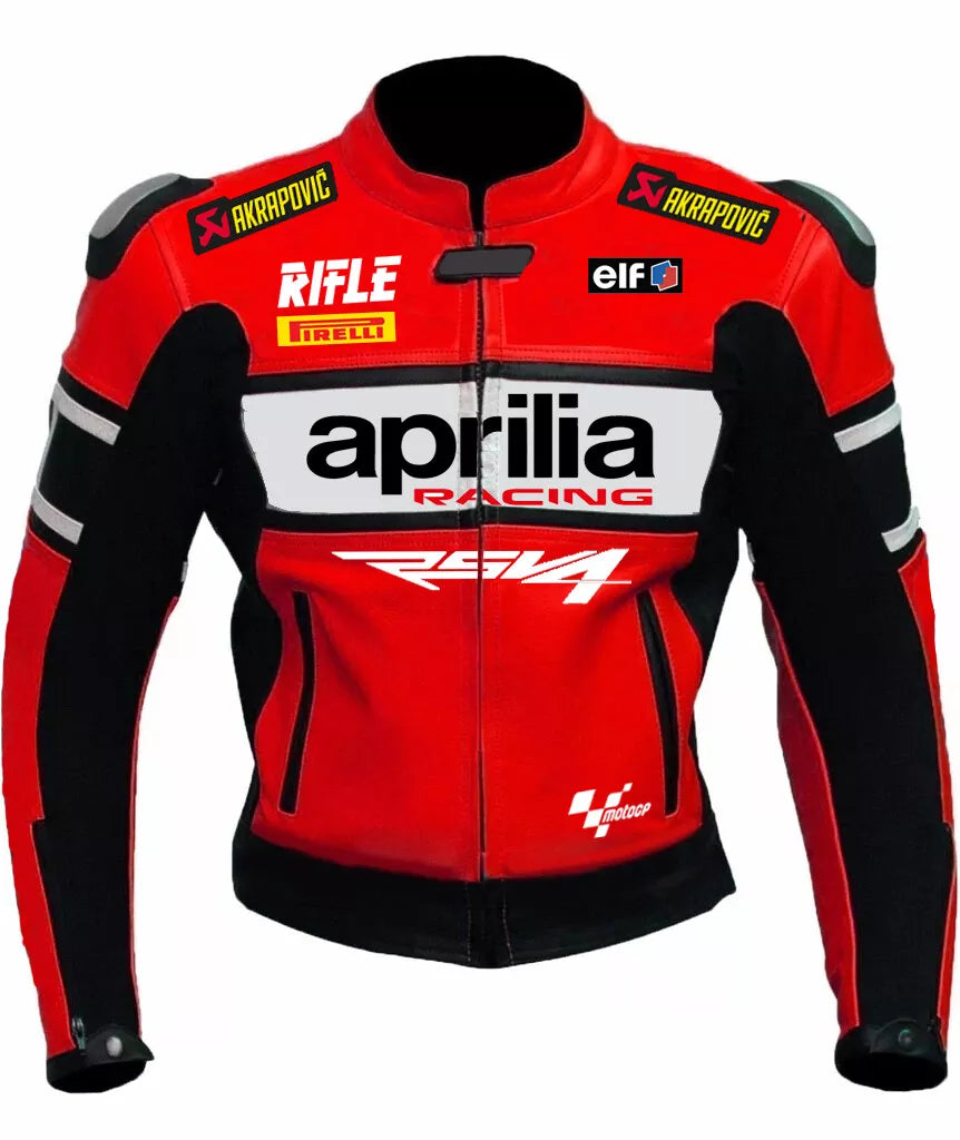 Front View of Aprilia Racing RS4 Motorcycle Leather Jacket. A bold red and black Aprilia Racing RS4 motorcycle leather jacket, displaying "Aprilia Racing" across the chest in black letters with a white background. The jacket features various sponsor logos, including Akrapovic, ELF, Rifle, and Pirelli, along with the RS4 and MotoGP logos near the bottom. The design includes white stripe accents on the arms and reinforced shoulder padding for added protection.