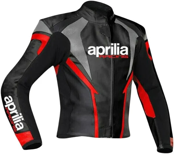 Front View of Aprilia Racing Leather Motorcycle Jacket – Black leather motorcycle jacket with striking red and grey accents, showcasing the iconic Aprilia Racing logo on the chest and sleeves.