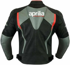 Rear view of the Aprilia Racing Motorbike Leather Jacket – A stylish black leather jacket with red and grey accents, showcasing the iconic Aprilia Racing logo prominently on the back.