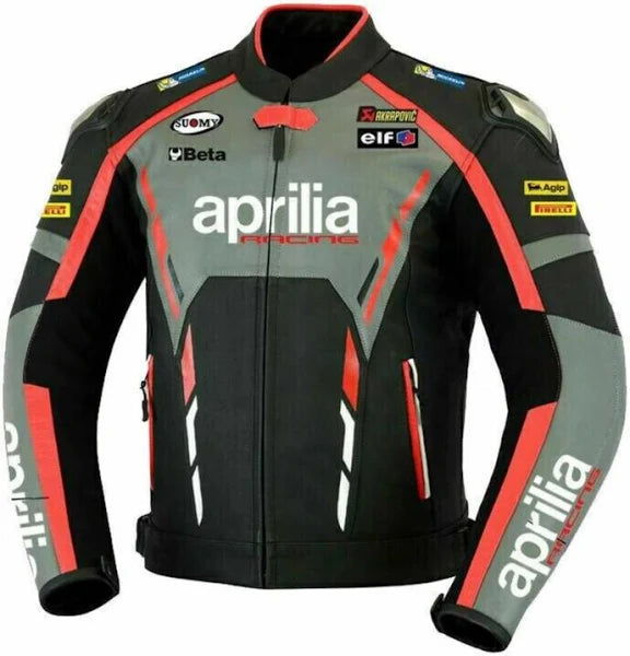 Front view of the Aprilia Racing Motorbike Leather Jacket – A sleek black leather jacket accented with red, grey, and white, featuring the iconic Aprilia Racing logo on the chest and sponsor logos such as SUOMY, Beta, elf, Akrapovic, and Pirelli.