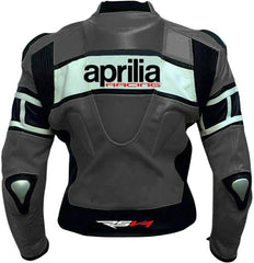 Rear view of the Aprilia Racing Rsv4 Motorbike Jacket – A sophisticated grey leather jacket with black and white accents, prominently showcasing the iconic Aprilia Racing logo on the back