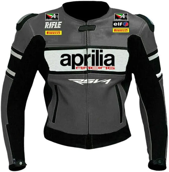 Front view of the Aprilia Racing Rsv4 Motorbike Jacket – A sleek grey leather jacket with black and white accents, displaying the iconic Aprilia Racing logo on the chest alongside sponsor logos such as elf, Pirelli, and RIFLE.