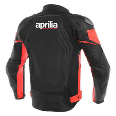 Back view of the Aprilia RSV4 Leather Motorbike Jacket – A bold black and red leather jacket with white accents, prominently featuring the iconic Aprilia Racing logo on the back.