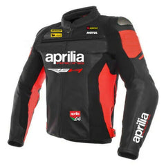 Front view of the Aprilia RSV4 Leather Motorbike Jacket – A stylish black and red leather jacket with white accents, adorned with the iconic Aprilia RSV4 and Racing logos, along with sponsor branding.