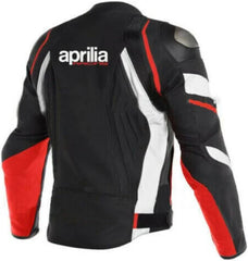 Back view of the Aprilia RSV4 Leather Motorcycle Jacket – A white, black, and red leather jacket equipped with armor, showcasing the iconic Aprilia Racing logo on the back.