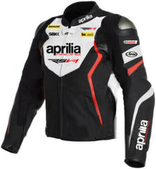 Front View of Aprilia RSV4 Leather Motorcycle Jacket – White, black, and red leather jacket with protective armor, showcasing the iconic Aprilia RSV4 and Racing logos along with sponsor branding.