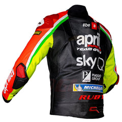 Back Left View of Aprilia Racing SkyQ Leather Jacket – Black and Red Premium Design Featuring Sponsor Logos and Full Sleeve Protection for Maximum Comfort