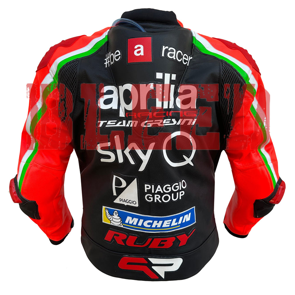 Back View of Aprilia Racing SkyQ Leather Jacket – Black and Red Premium Design Featuring Sponsor Logos and Full Sleeve Protection for Maximum Comfort