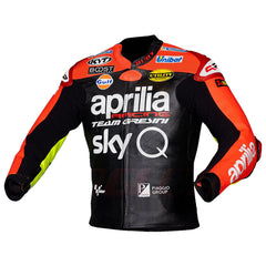 Front Left View of Aprilia Racing SkyQ Leather Jacket – Black and Red Premium Design Featuring Sponsor Logos and Full Sleeve Protection for Maximum Comfort