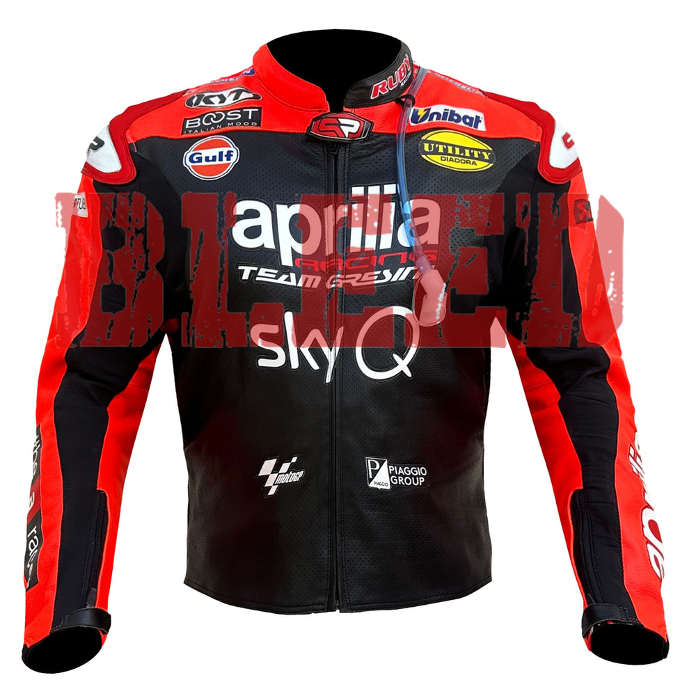 Front View of Aprilia Racing SkyQ Leather Jacket – Black and Red Premium Design Featuring Sponsor Logos and Full Sleeve Protection for Maximum Comfort