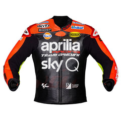 Front View of Aprilia Racing SkyQ Leather Jacket – Black and Red Premium Design Featuring Sponsor Logos and Full Sleeve Protection for Maximum Comfort