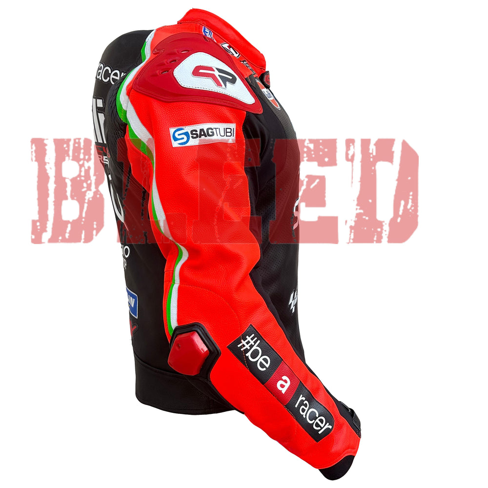Right Side View of Aprilia Racing SkyQ Leather Jacket – Black and Red Premium Design Featuring Sponsor Logos and Full Sleeve Protection for Maximum Comfort