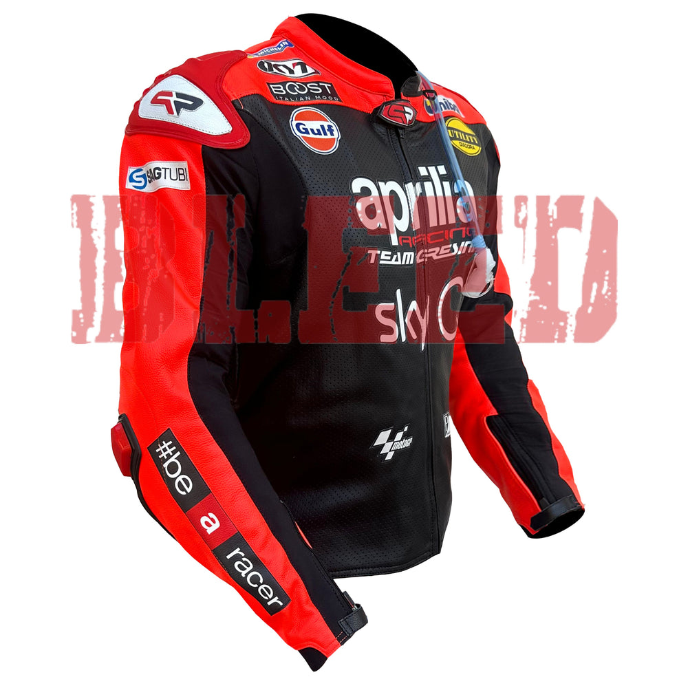 Front Right View of Aprilia Racing SkyQ Leather Jacket – Black and Red Premium Design Featuring Sponsor Logos and Full Sleeve Protection for Maximum Comfort