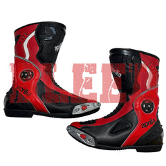 Side view of Aprilia men red and black motorbike leather boots featuring full-grain leather, protective TPU sliders, and anti-slip racing soles for motorcycle riders.