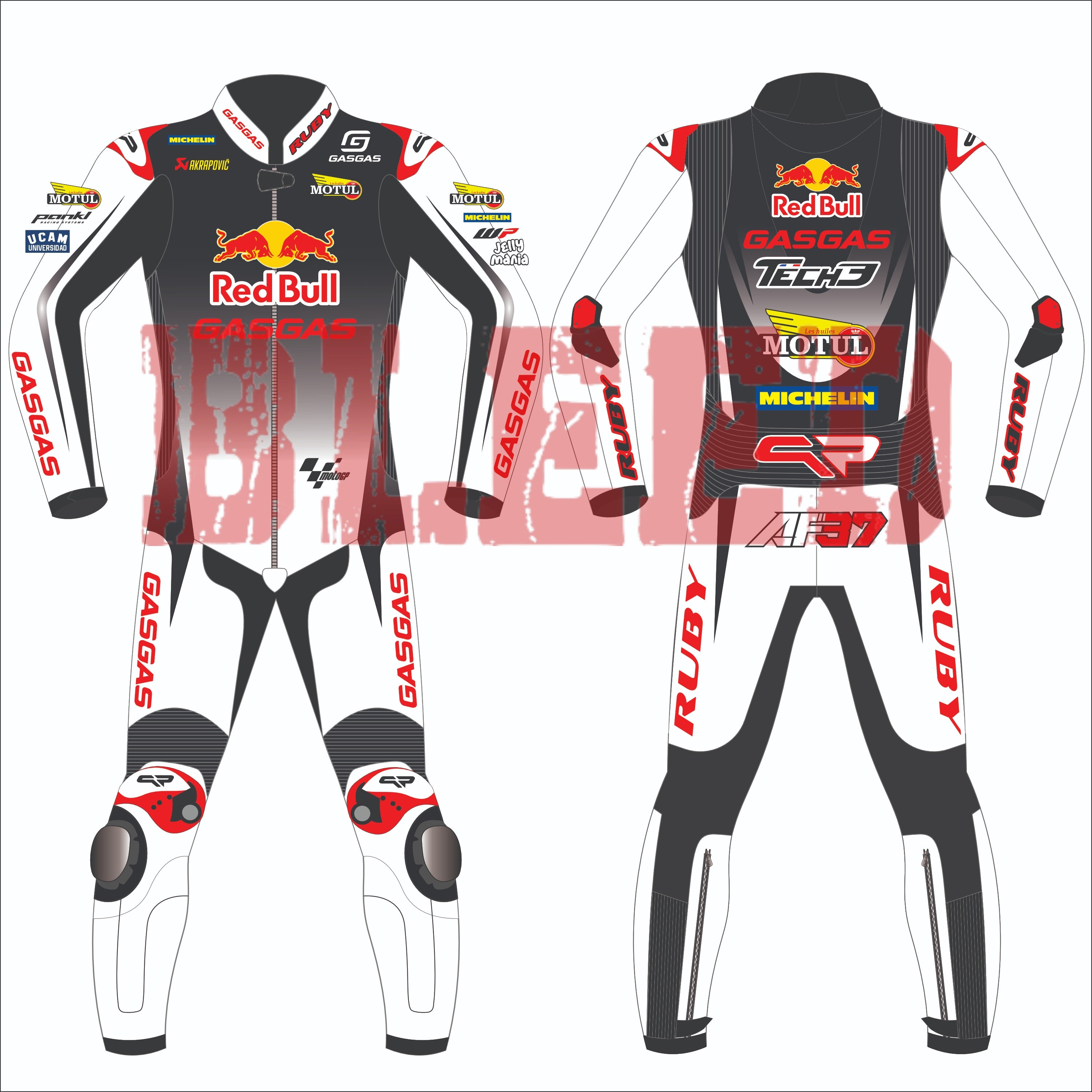 Front and back view of the Augusto Fernandez Red Bull Gasgas racing suit for the 2024 British GP. The suit is predominantly white with black and red details, featuring logos from sponsors like Red Bull, GASGAS, Motul, Michelin, and Tech3. The design includes protective knee and elbow sliders, with the rider's initials 'AF37' displayed on the back.