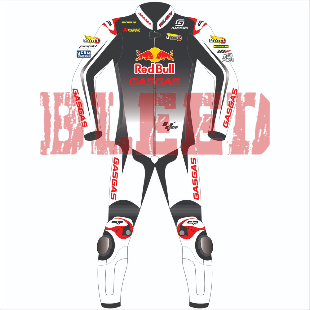 Front view of the Augusto Fernandez Red Bull Gasgas racing suit for the 2024 British GP. The suit is predominantly white with black and red detailing, featuring Red Bull and GASGAS logos on the chest, and various sponsor logos such as Motul, Michelin, and Akrapovic on the arms and shoulders. The design includes protective knee sliders with the rider's initials 'AF37' on the knees