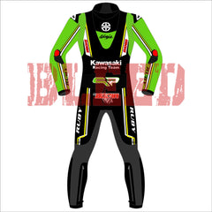 Back view of the Axel Bassani Kawasaki Racing Team suit for the 2024 WSBK season. The suit features a primarily black design with green and yellow accents. The Kawasaki Racing Team logo is prominently displayed on the upper back, along with the Ninja and other sponsor logos