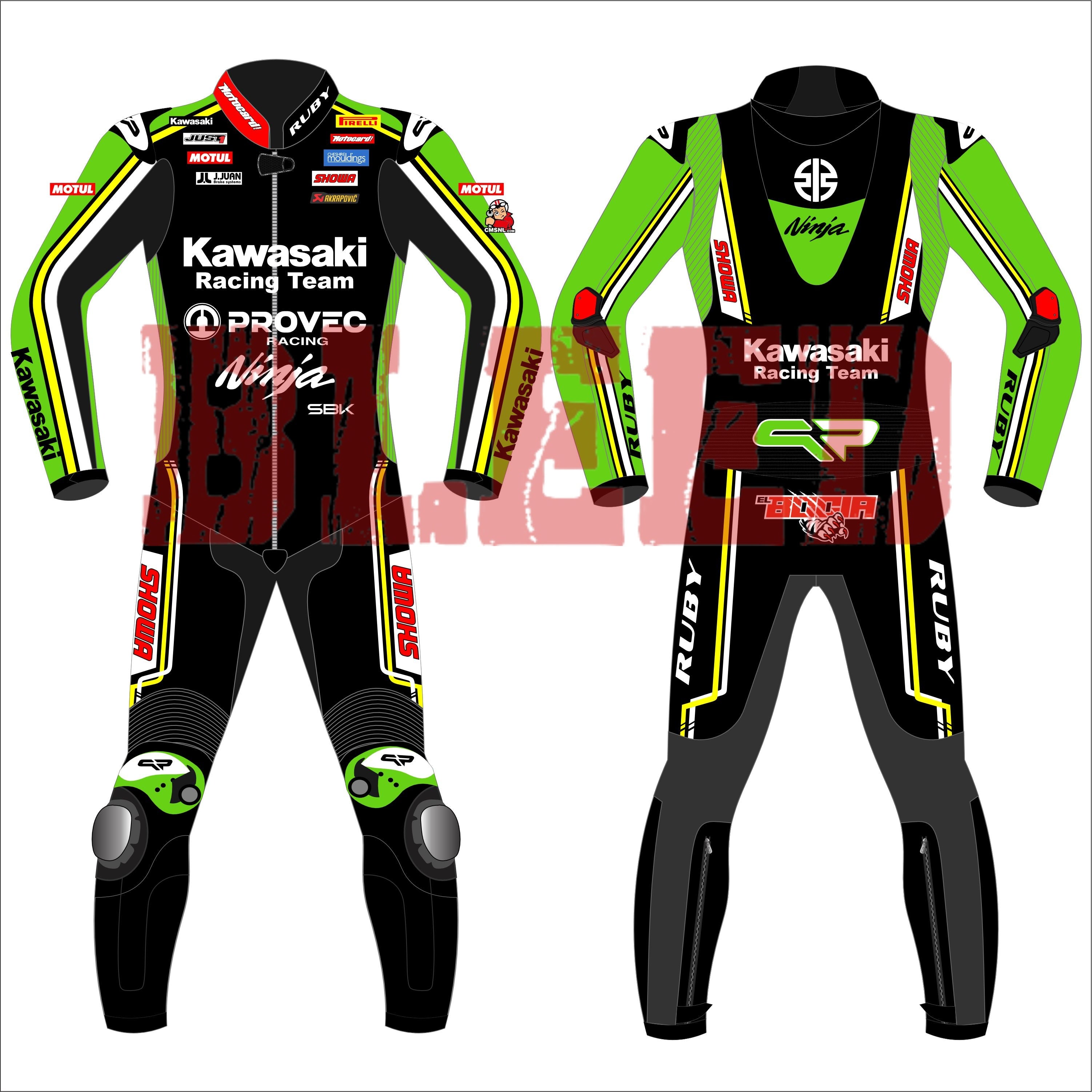 Front and back view of the Axel Bassani Kawasaki Racing Team suit for the 2024 WSBK season. The suit is primarily black with vibrant green and yellow accents, featuring the Kawasaki Racing Team logo on the chest. Sponsor logos, including Motul, Shoya, and Ruby, are displayed on the arms, shoulders, and legs. The design includes protective knee and elbow sliders, with the Ninja logo visible on the back