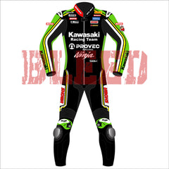 Front view of the Axel Bassani Kawasaki Racing Team suit for the 2024 WSBK season. The suit is primarily black with vibrant green and yellow accents. The Kawasaki Racing Team logo is prominently displayed on the chest, along with other sponsor logos such as Motul, Shoya, and Provec Racing.