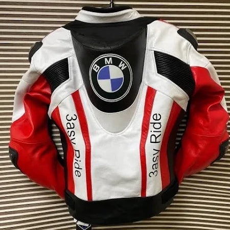 Back perspective of the BMW 3ASY Motorbike Leather Jacket in white with vibrant red and black detailing, prominently showcasing the BMW logo and "3asy Ride" branding.
