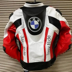 Back perspective of the BMW 3ASY Motorbike Leather Jacket in white with vibrant red and black detailing, prominently showcasing the BMW logo and "3asy Ride" branding.