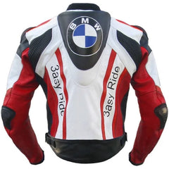 Rear view of the BMW 3ASY Motorbike Leather Jacket in white leather with bold red and black accents, featuring the iconic BMW logo on the upper back and "3asy Ride" text along the sides.