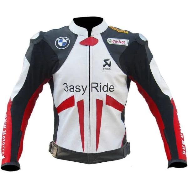 Front view of the BMW 3ASY Motorbike Leather Jacket in white leather with red and black accents, displaying the BMW logo on the chest alongside "3asy Ride" and sponsor logos like Castrol and Akrapovic.