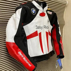 Side view of the BMW 3ASY Motorbike Leather Jacket in white leather with red and black accents, displaying the BMW logo on the chest alongside "3asy Ride" and sponsor logos like Castrol and Akrapovic.