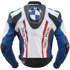 Rear view of the BMW 3ASY Motorbike Leather Jacket – A white leather jacket with striking blue and red accents, prominently displaying the iconic BMW 3ASY logo on the back, along with sponsor logos such as Castrol, Akrapovic, and 3asy Ride.