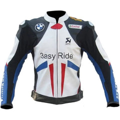 Front view of the BMW 3ASY Motorbike Leather Jacket – A white leather jacket with bold blue and red accents, showcasing the iconic BMW 3ASY logo on the chest, complemented by sponsor logos such as Castrol, Akrapovic, and 3asy Ride.